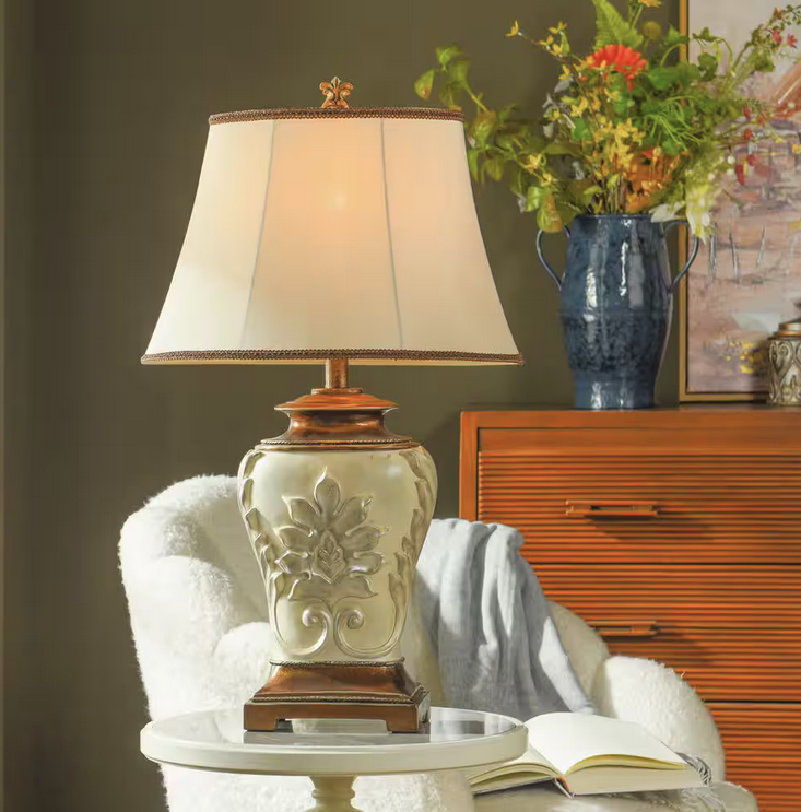 28 in. Antique White With Gold Accents Table Lamp with White Fabric Shade