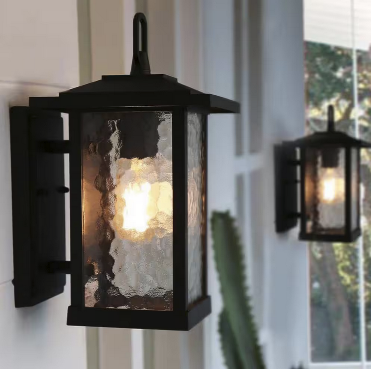 Modern Black Outdoor Wall Sconce, Farmhouse Lantern Coach Light with Waterglass Shade, 1-Light Porch Patio Deck Lighting