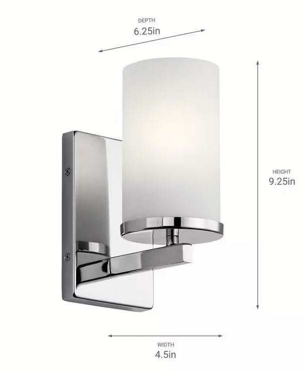 Crosby 1-Light Chrome Bathroom Indoor Wall Sconce Light with Satin Etched Cased Opal Glass Shade