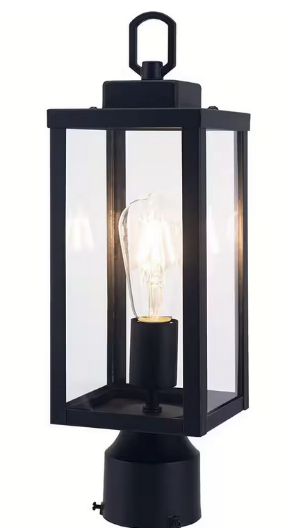 1-Light Black Metal Hardwired Outdoor Weather Resistant Post Light with No Bulbs Included