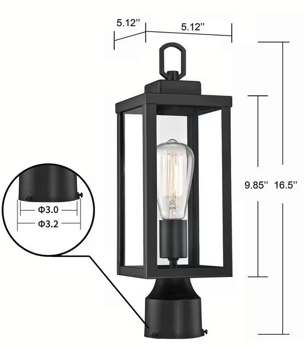 1-Light Black Metal Hardwired Outdoor Weather Resistant Post Light with No Bulbs Included