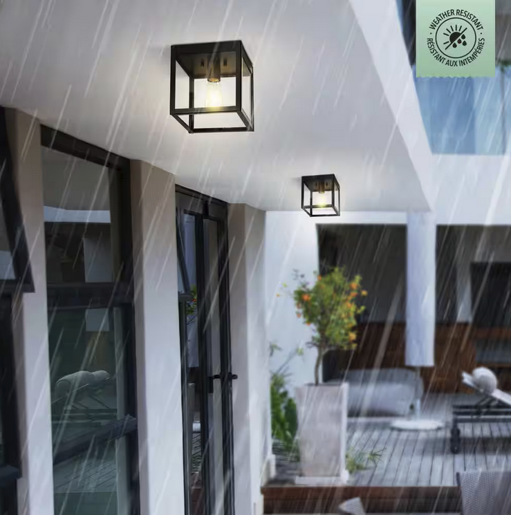 1-Light Matte Black Outdoor Weather Resistant Flush Mount Light with Clear Glass Shade