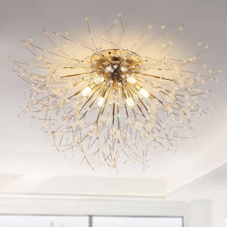 23.62 in. 6-Lights Gold Dandelion Modern/Contemporary Crystal Flush Mount Ceiling Light for Living Room