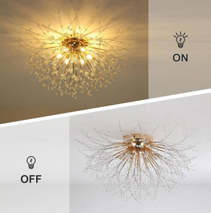 23.62 in. 6-Lights Gold Dandelion Modern/Contemporary Crystal Flush Mount Ceiling Light for Living Room