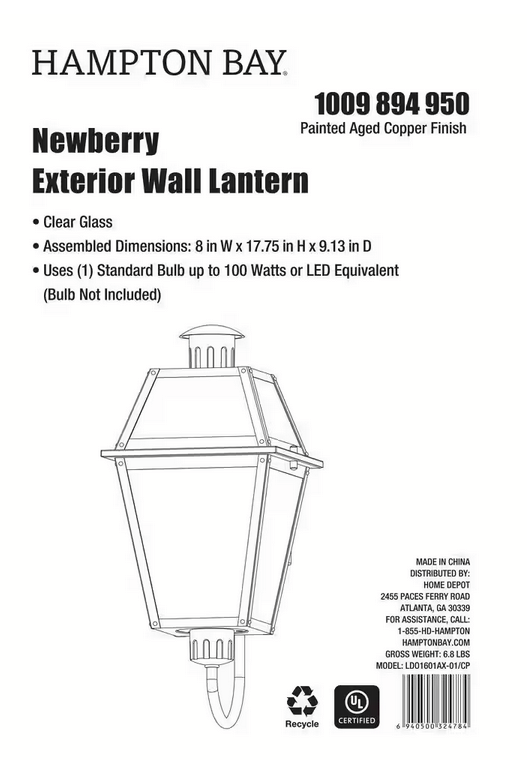 Newberry 17.75 in. Painted Aged Copper Finish Hardwired Outdoor Wall Lantern Sconce with Clear Glass