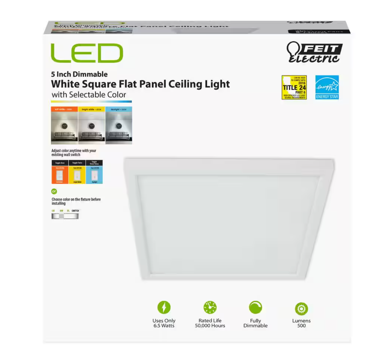 FEIT - 5 in. 500 Lumens Dimmable White Integrated LED Square Flat Panel Ceiling Flush Mount Fixture, Selectable CCT (4-Pack)