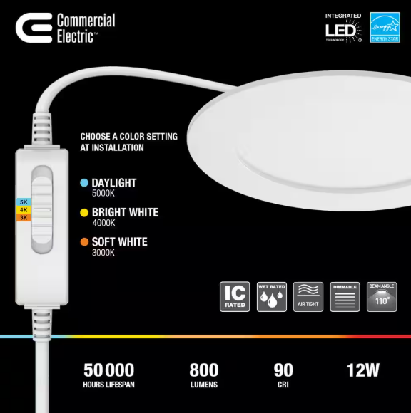 Commercial Electric- Pro Value Series Integrated LED 6 in Round Adj Color Temp Canless Recessed Light for Kitchen Bath Living rooms, White