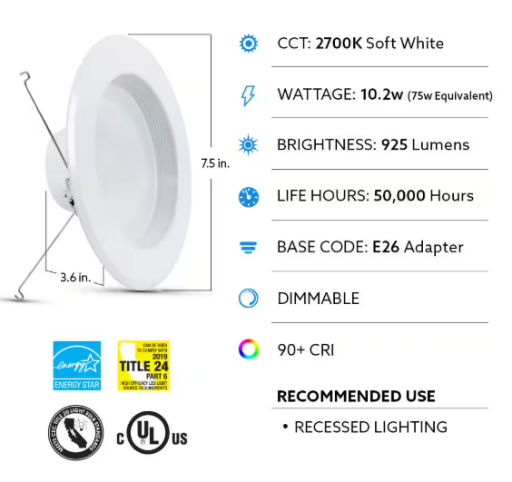 Feit Electric- 5/6 in. Integrated LED White Retrofit Recessed Light Baffle Trim Dimmable CEC Title 24 Downlight Soft White 2700K 5-Pack 497