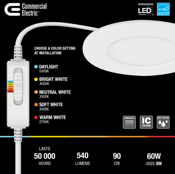 Commercial Electric- Ultra Slim Integrated LED 4 in Round Adj Color Temp Canless Recessed Light for Kitchen Bath Living rooms, White 4-Pack