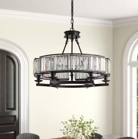 6-Light Black Modern Crystal Chandelier Drum Island Adjustable Hangding Semi Flush Mount Ceiling Light