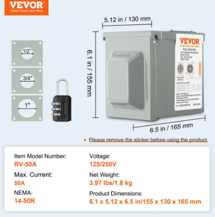 RV Power Outlet Box Indoor/Outdoor 50 Amp 125-Volt/250-Volt Receptacle Panel NEMA 14-50R Single Outlet for RV Camper Car