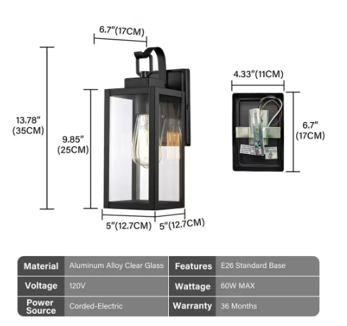 13 in. 1-Light Matte Black Hardwired Outdoor Wall Lantern Modern Sconce with Clear Glass