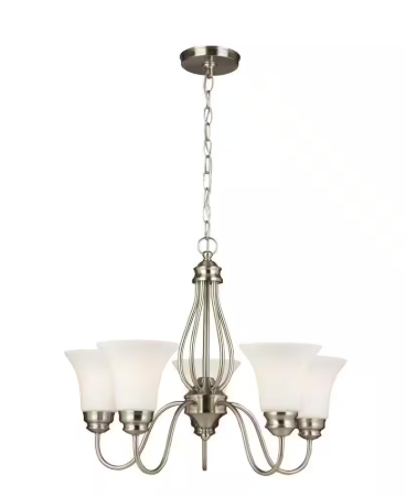 Kensley Park 5-Light Classic Traditional Brushed Nickel Hanging Candlestick Chandelier with Frosted White Shade