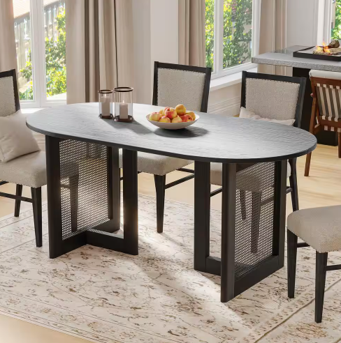 Oval Black Color Oak Wood 67 in. Double Pedestal Dining Table Seats 6