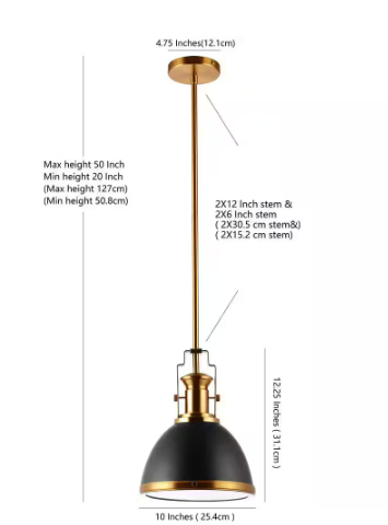 Homer 10 in. Black/Brass Gold Iron Glass Adjustable Vintage Classic LED Kitchen Pendant