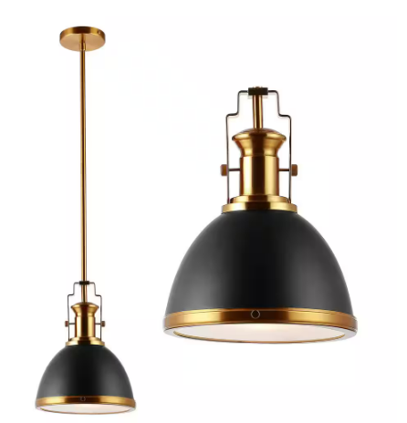 Homer 10 in. Black/Brass Gold Iron Glass Adjustable Vintage Classic LED Kitchen Pendant