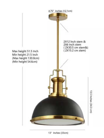 Homer 13 in. Black Brass Gold Adjustable Iron Glass Vintage Classic LED Kitchen Pendant