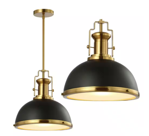 Homer 13 in. Black Brass Gold Adjustable Iron Glass Vintage Classic LED Kitchen Pendant