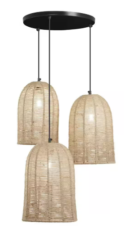 Betty 3-Light Black Metal Shaded Pendant Light With Natural-Tone Woven Jute Bell Shades