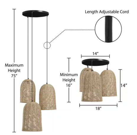 Betty 3-Light Black Metal Shaded Pendant Light With Natural-Tone Woven Jute Bell Shades