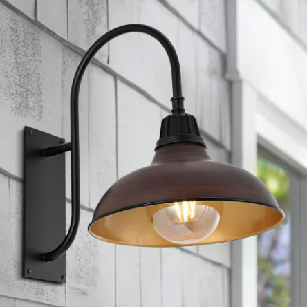 Stanley 12.25 in. Wood Finish/Copper 1-Light Farmhouse Industrial Indoor/Outdoor Iron LED Gooseneck Arm Outdoor Sconce