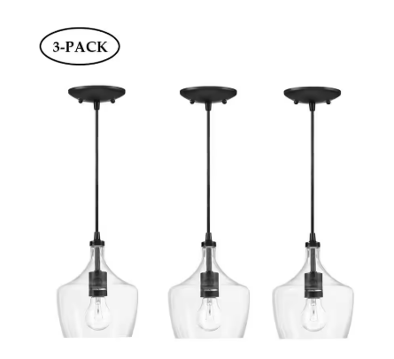 1-Light Black Kitchen Island Pendant with Clear Glass (3-Pack)