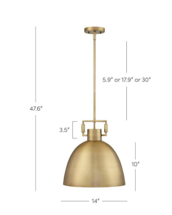 Leigh 1-Light Antiqued Brass Shaded Pendant Light with and Hanging Ceiling Metal Shade Adjustable Cord, for Kitchen