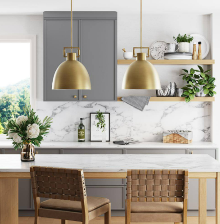 Leigh 1-Light Antiqued Brass Shaded Pendant Light with and Hanging Ceiling Metal Shade Adjustable Cord, for Kitchen