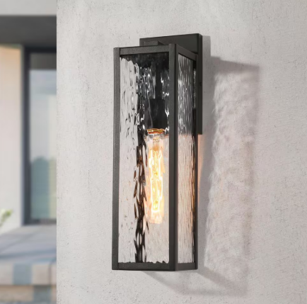 Modern Textured Black Rectangle Outdoor Wall Lantern Contemporary Square Wall Sconce with Water Glass Shade (1-Light)