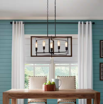 Palermo Grove 5-Light Black with Walnut Accent Linear Coastal Chandelier for Kitchen Island and Dining Room with Bulbs