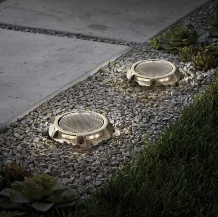 Solar 15 Lumens Natural Stone Integrated LED In-Ground Disk Path Light with Textured Lens (4-Pack); Weather Resistant