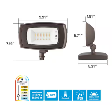 ARFL series, 45-Watt, Bronze, Outdoor Integrated LED Architectural Residential Floodlight, Dusk to Dawn, 5000 Max Lumens