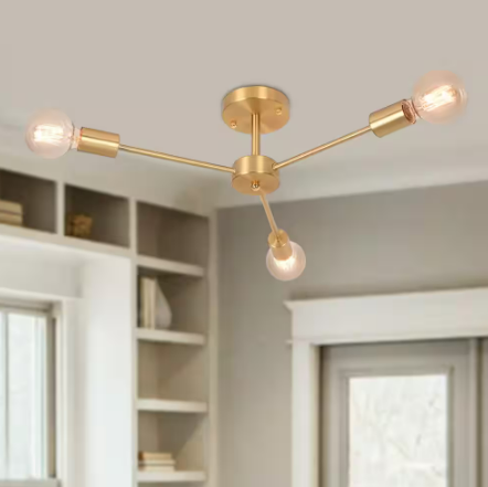 Torres 23.62 in. 3-Light Gold Mid-Century Ceiling Light Sputnik Semi-Flush Mount