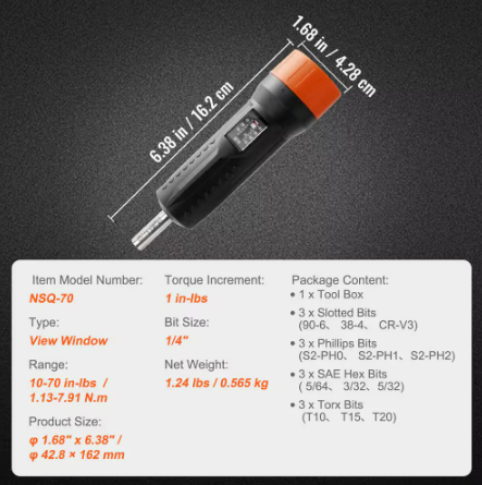 ¼ in. Drive Torque Screwdriver Set : 10-70 in-lbs. Torque Adjustment Range : 1 in-lb. Increment Torque Screwdriver,