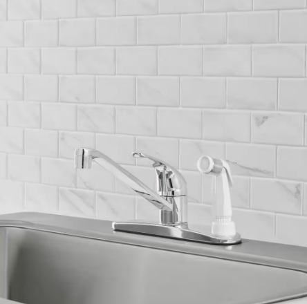 Single-Handle Standard Kitchen Faucet in Polished Chrome with White Deck Sprayer