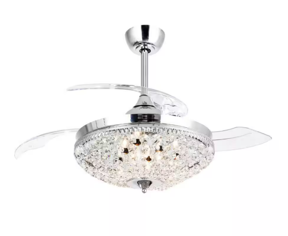 42 in. Retractable 3-Blade Chrome Crystal Ceiling Fan with Light Kit and Remote Control