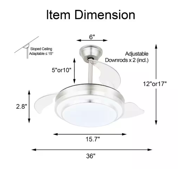 36 in. LED Brushed Nickel Indoor Retractable Ceiling Fan with Dimmable Light and Remote Reversible Motor