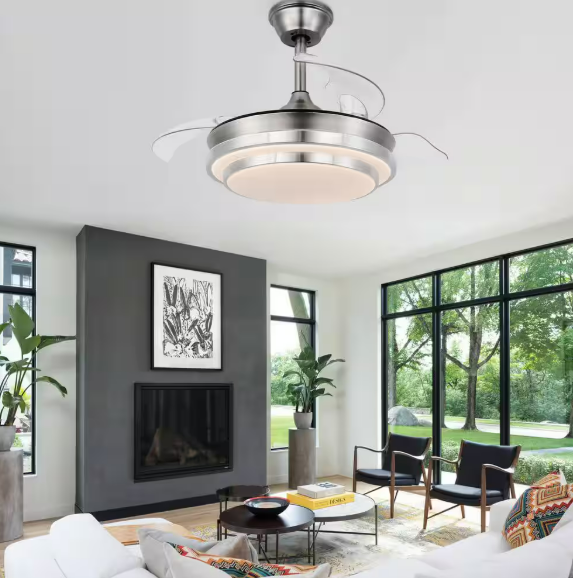 36 in. LED Brushed Nickel Indoor Retractable Ceiling Fan with Dimmable Light and Remote Reversible Motor