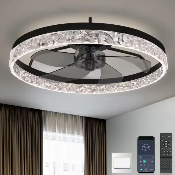 20 in. Indoor Black Crystal Ceiling Fan with Light and Remote, Flush Mount LED Ceiling Fan, Dimmable for Bedroom