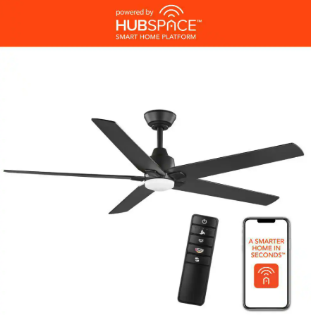 Vinwood 56 in. Indoor White Color Changing LED Matte Black Ceiling Fan with Remote Control Powered by Hubspace