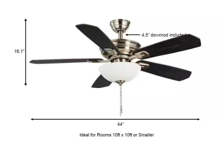 Wellston II 44 in. Indoor LED Brushed Nickel Dry Rated Downrod Ceiling Fan with Light Kit and 5 Reversible Blades