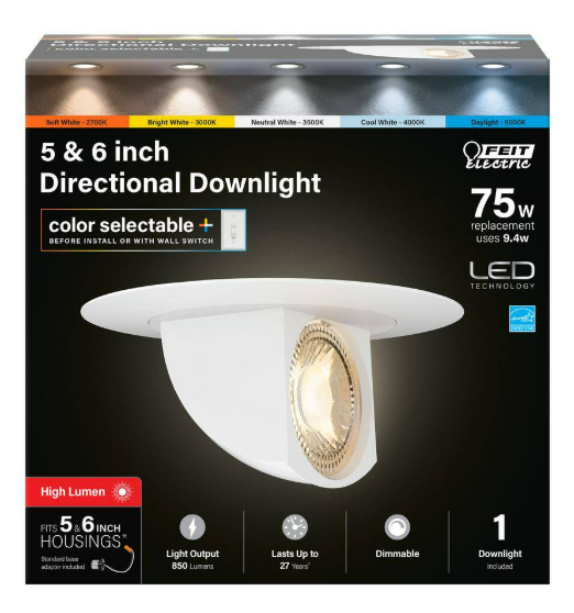 5 in. /6 in. Integrated LED White Retrofit Recessed Light Trim Dimmable Directional Downlight Selectable CCT