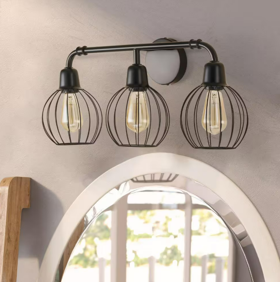 25 in. 3-Light Black Industrial Vanity Light Wall Sconce with Cage Shades