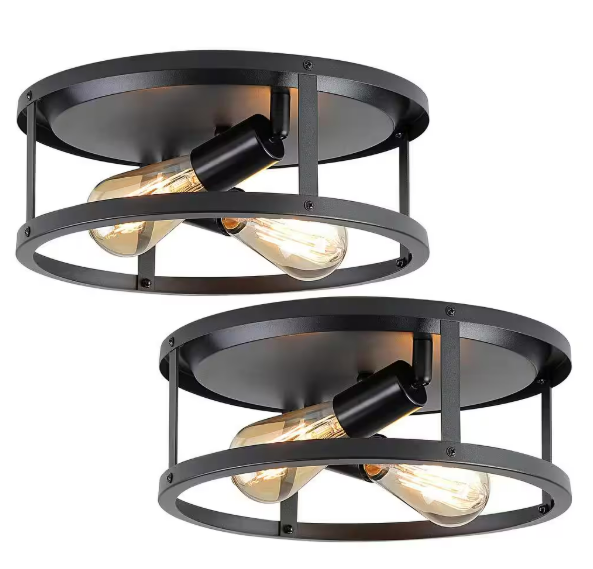 12.7 in. 2-Light Farmhouse Black Flush Mount Ceiling Light with No Bulbs Included (2-Pack)