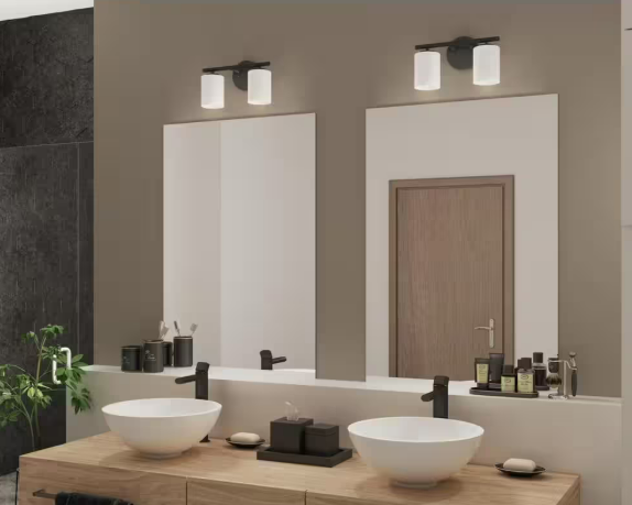 Replay Collection 13 in. 2-Light Black Etched Glass Modern Bathroom Vanity Light