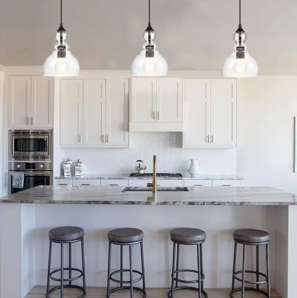 1-Light Kitchen Island Teardrop Seeded Glass Pendant with Matte Black finish (3-Pack)