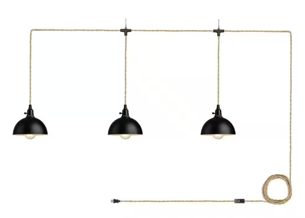 3-Light Black Standard Shaded Hanging Lamps Pendant Light with Plug in Cord 29 ft. Twisted Hemp Rope Switch