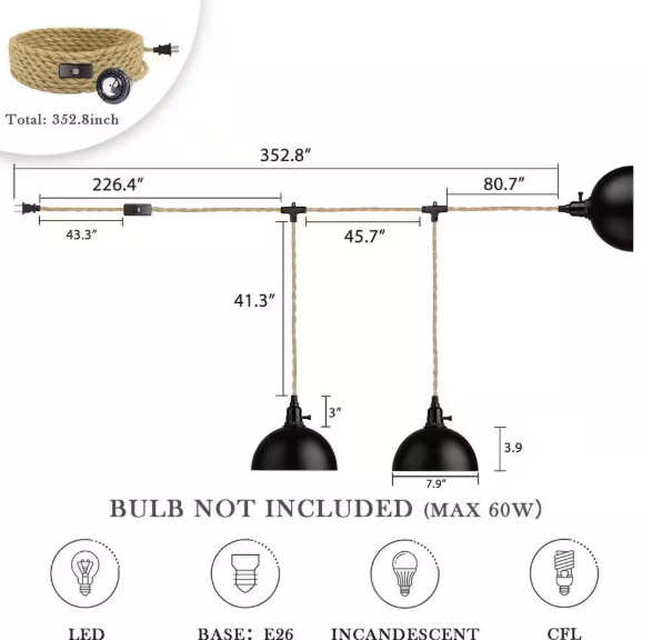 3-Light Black Standard Shaded Hanging Lamps Pendant Light with Plug in Cord 29 ft. Twisted Hemp Rope Switch