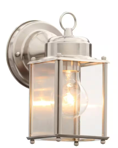 1-Light Brushed Nickel Clear Flat Glass Traditional Outdoor Wall Lantern Light