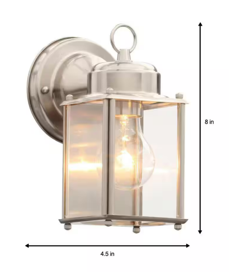 1-Light Brushed Nickel Clear Flat Glass Traditional Outdoor Wall Lantern Light